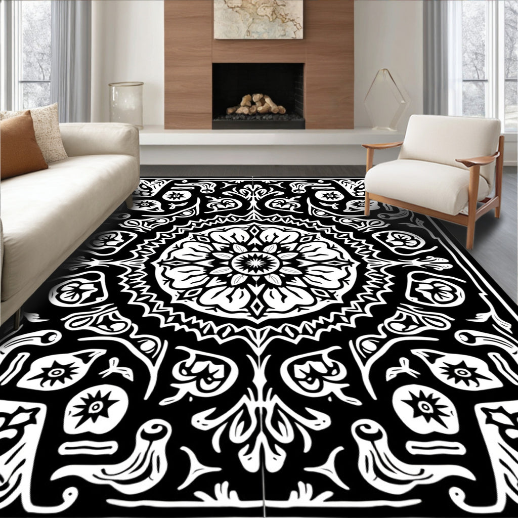 Monochromatic Floral Mandala Inverted Symmetry Rug