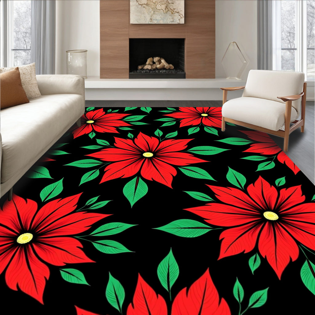 Vibrant Red Floral Black Background Rug