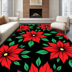 Vibrant Red Floral Black Background Rug