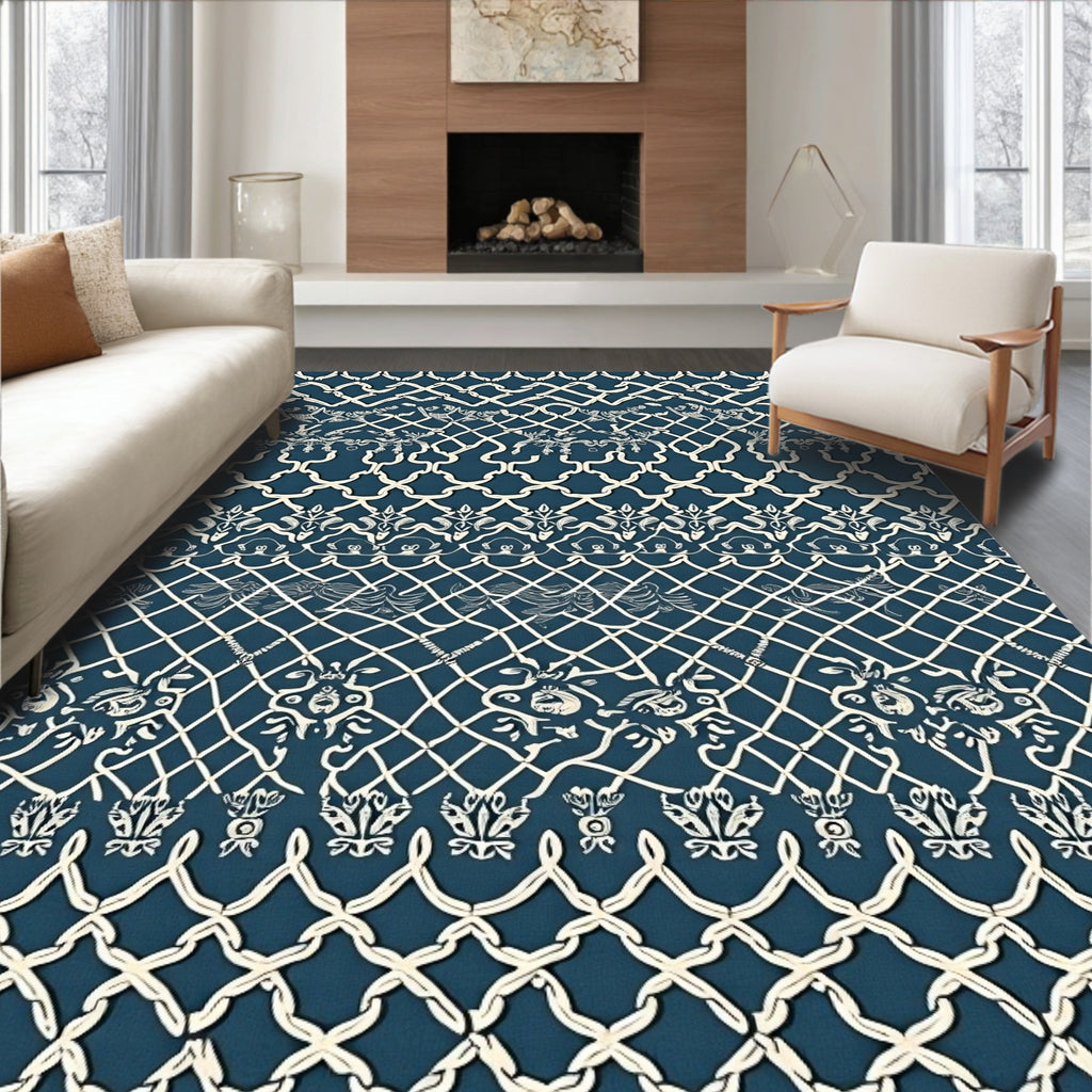 Deep Blue White Classical Lattice Medallion Rug