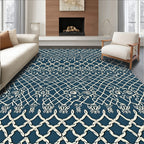 Deep Blue White Classical Lattice Medallion Rug
