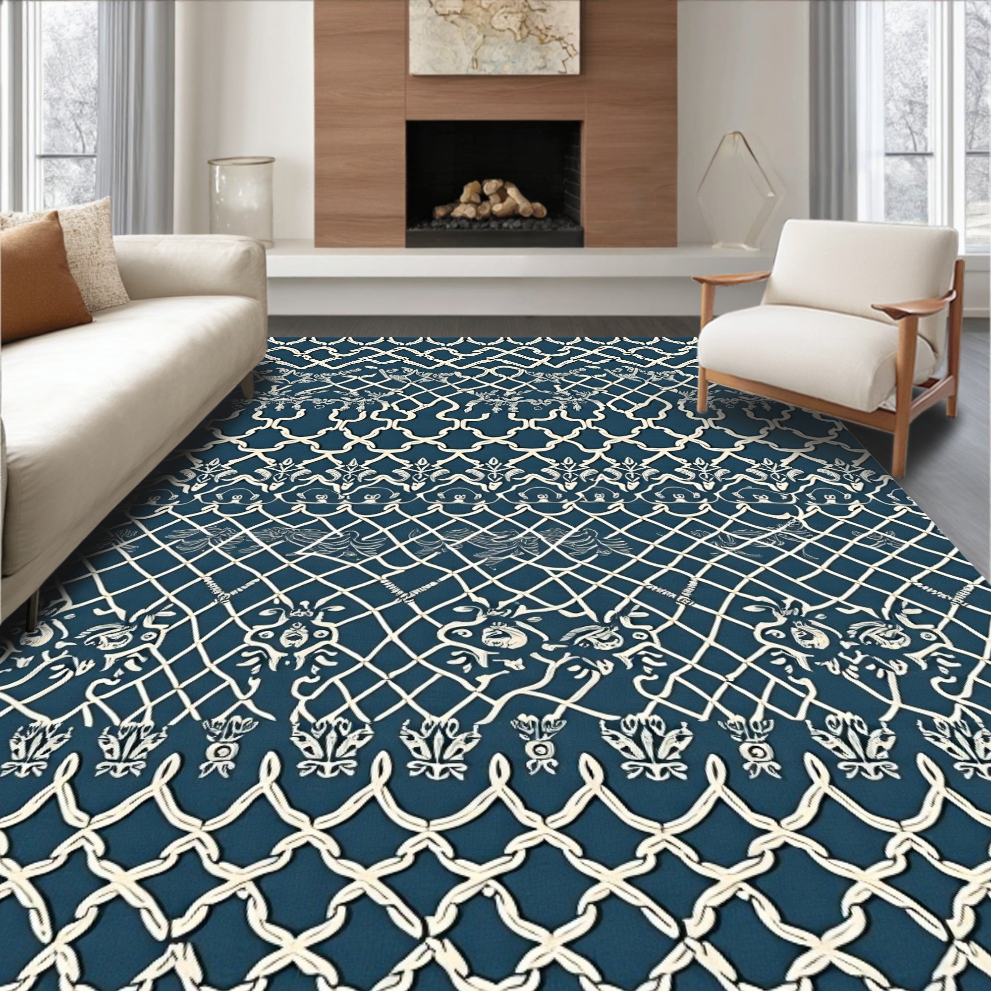 Deep Blue White Classical Lattice Medallion Rug