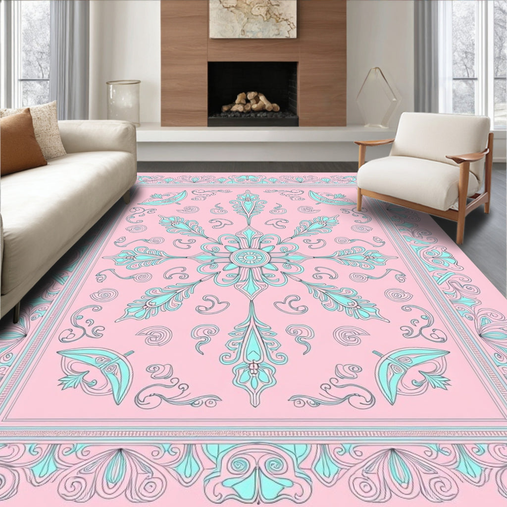 Pink Teal Ornate Mandala Floral Rug