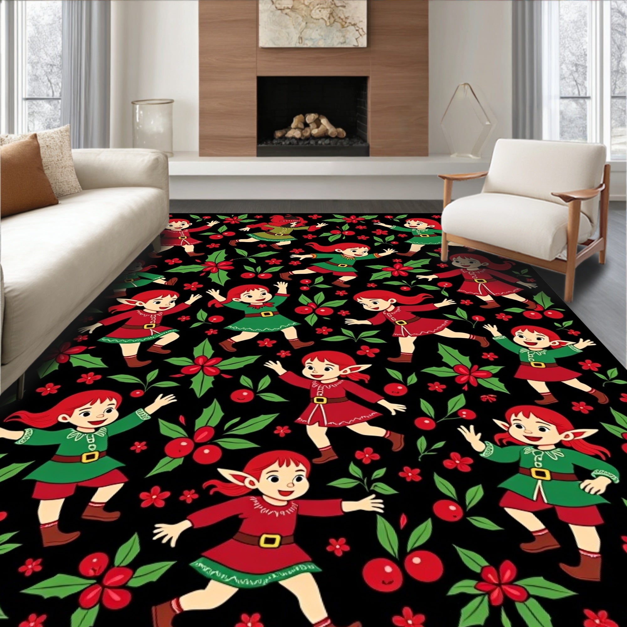 Cheerful Elves Holly Berry Garland Background Rug
