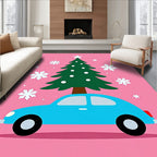 Bright Blue Car Christmas Tree Snowflakes Rug