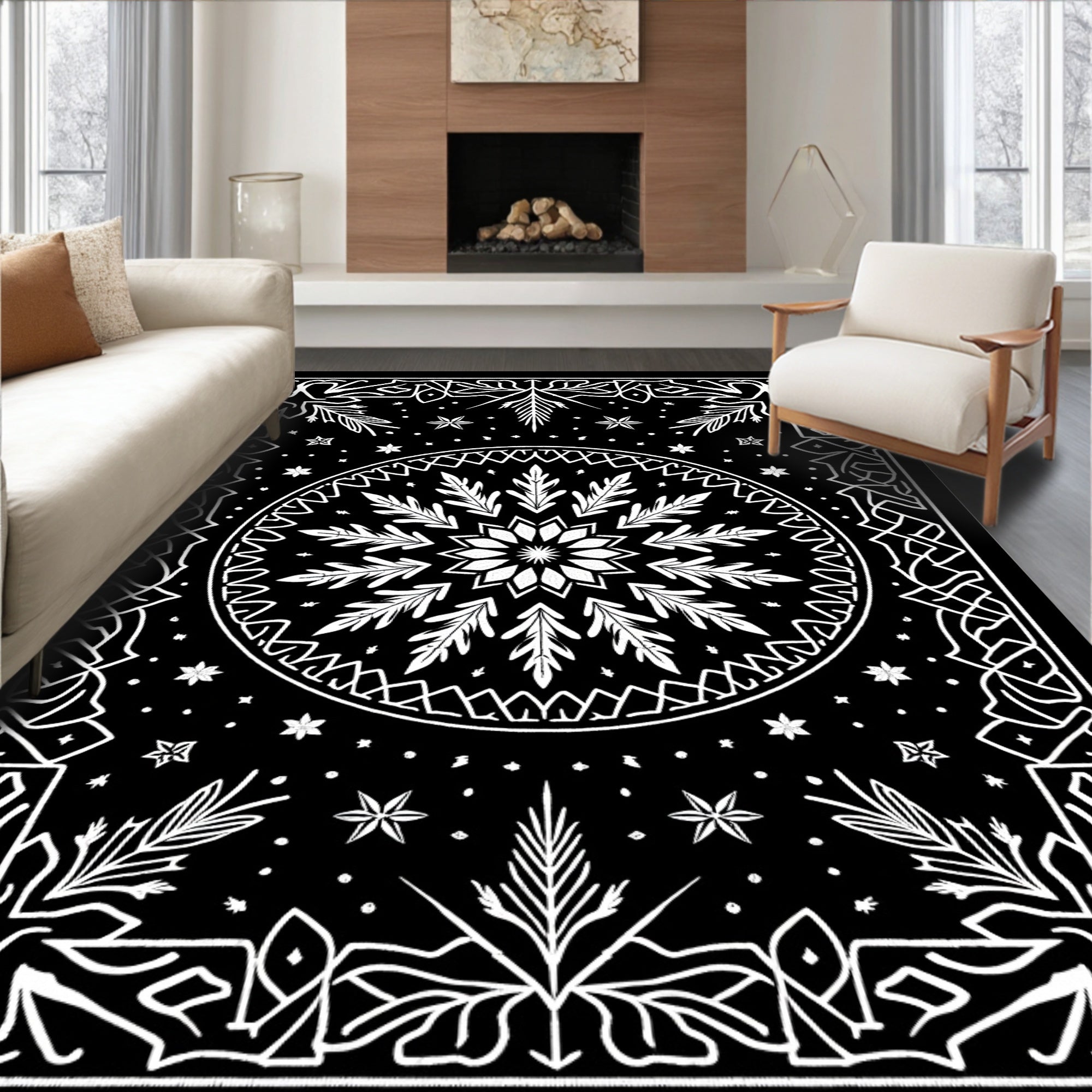 Black White Starburst Mandala Medallion Rug