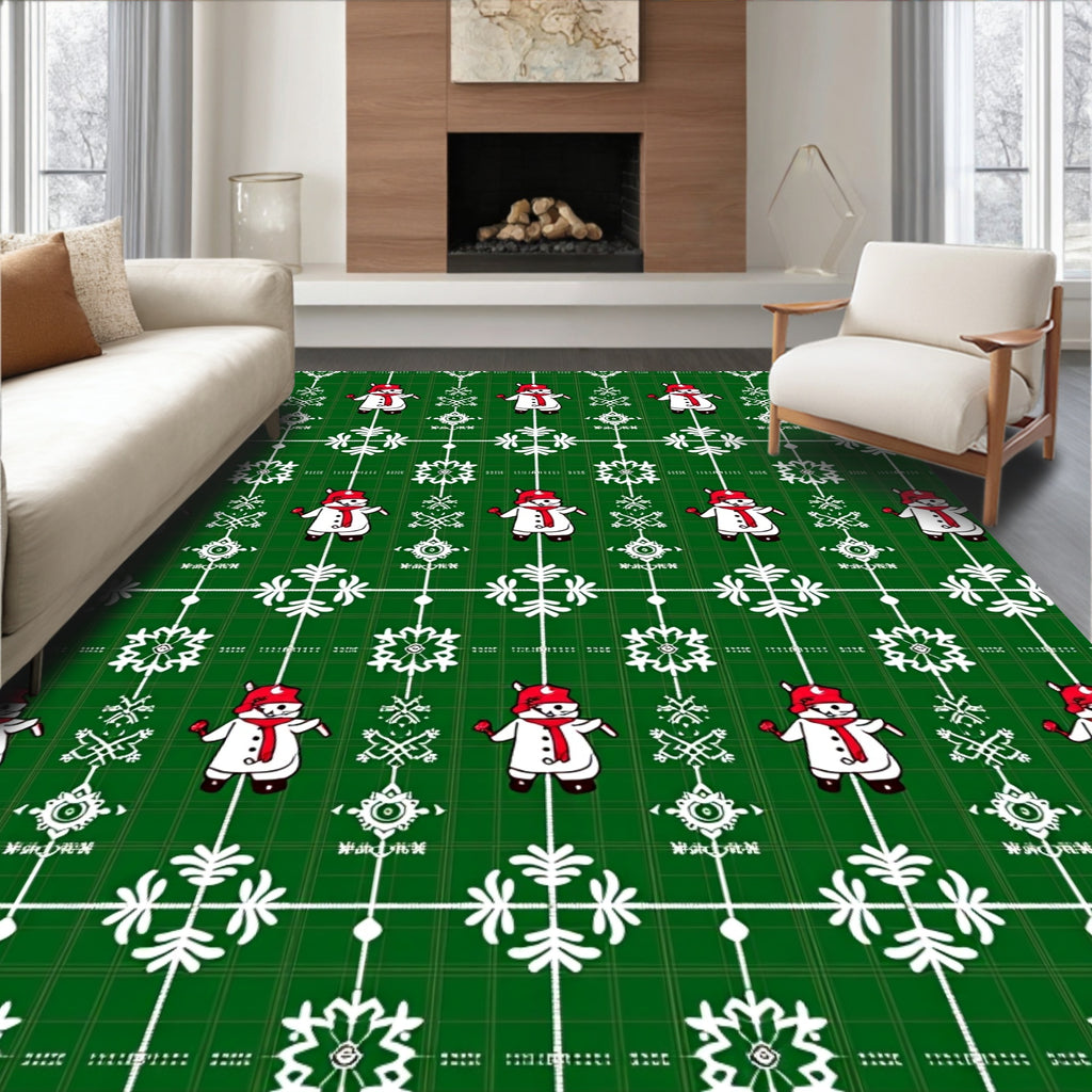 Christmas Snowman Green Tartan Snowflakes Rug
