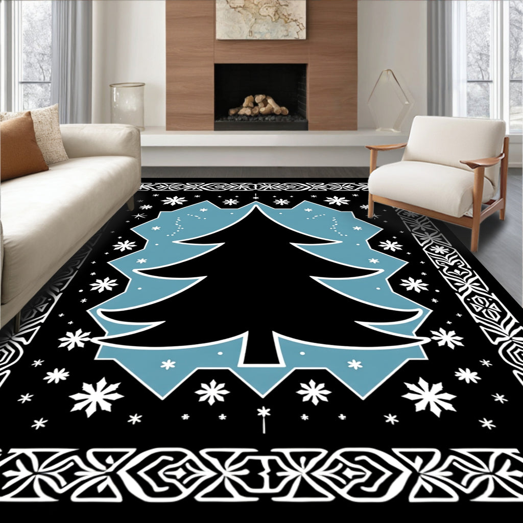 Black Slate Blue Snowflake Tree Border Rug