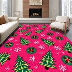 Festive Green Christmas Trees Snowflakes Rug