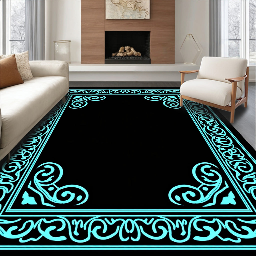 Turquoise Ornate Scrollwork Border Rug