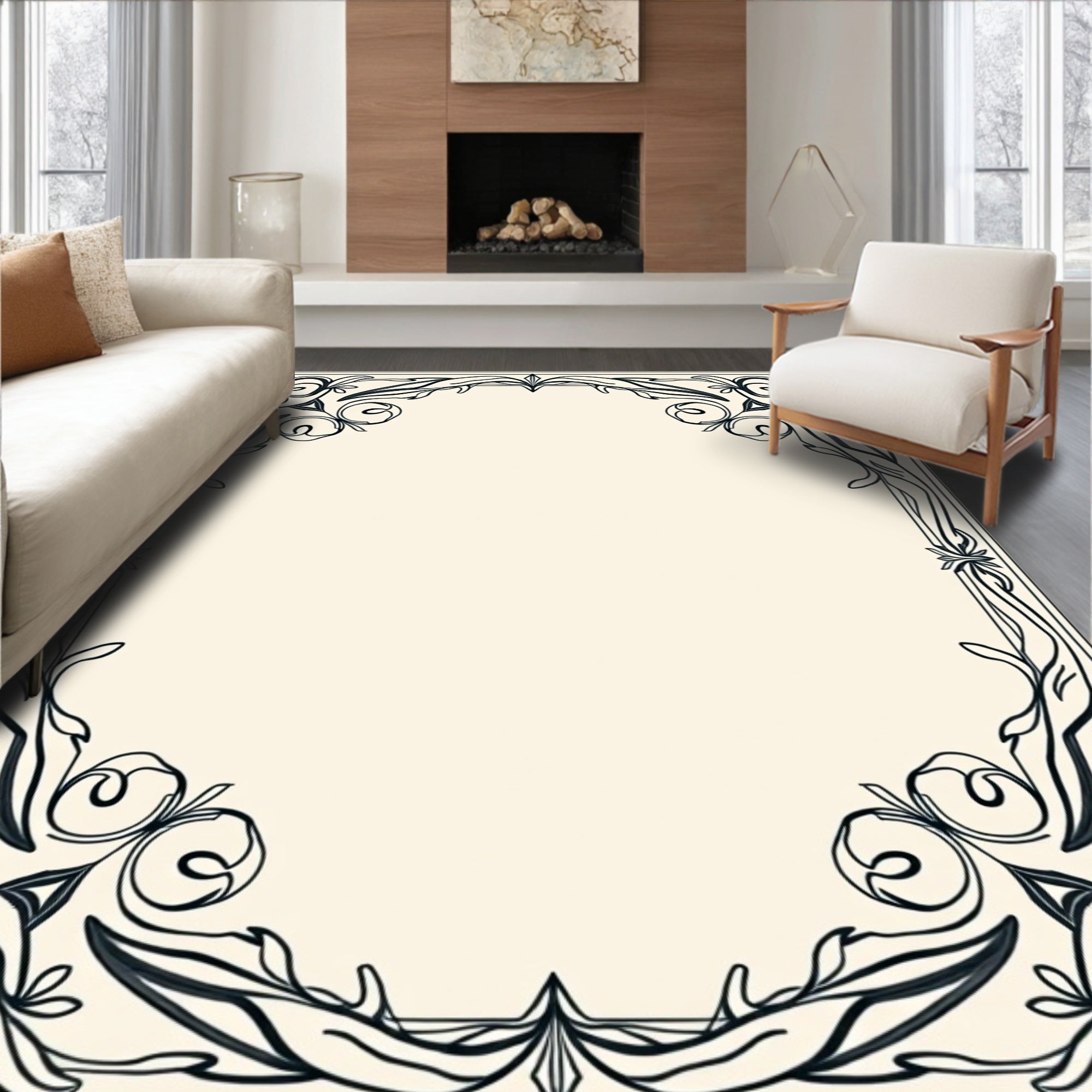 Art Nouveau Black Floral Scroll Border Rug