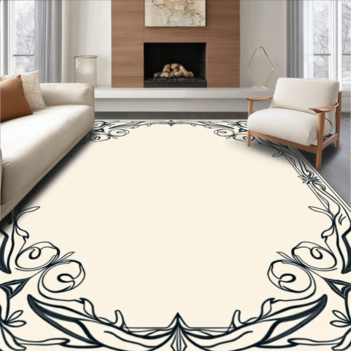 Art Nouveau Black Floral Scroll Border Rug