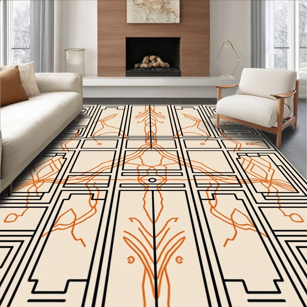 Geometric Orange Line Art Rug