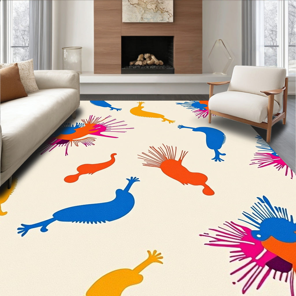 Vibrant Abstract Creatures Orange Blue Yellow Rug