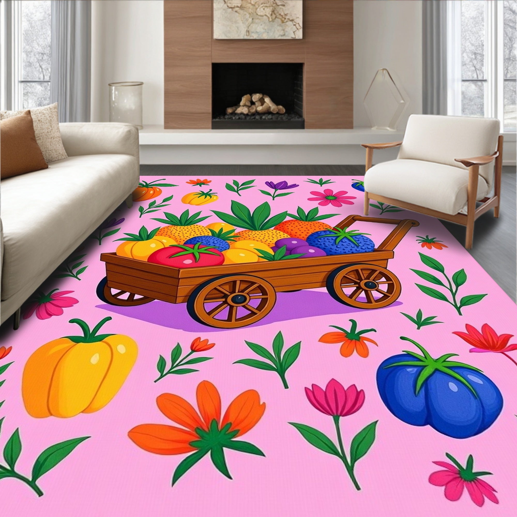 Farmhouse Cart Colorful Fruit Floral Medallion Rug