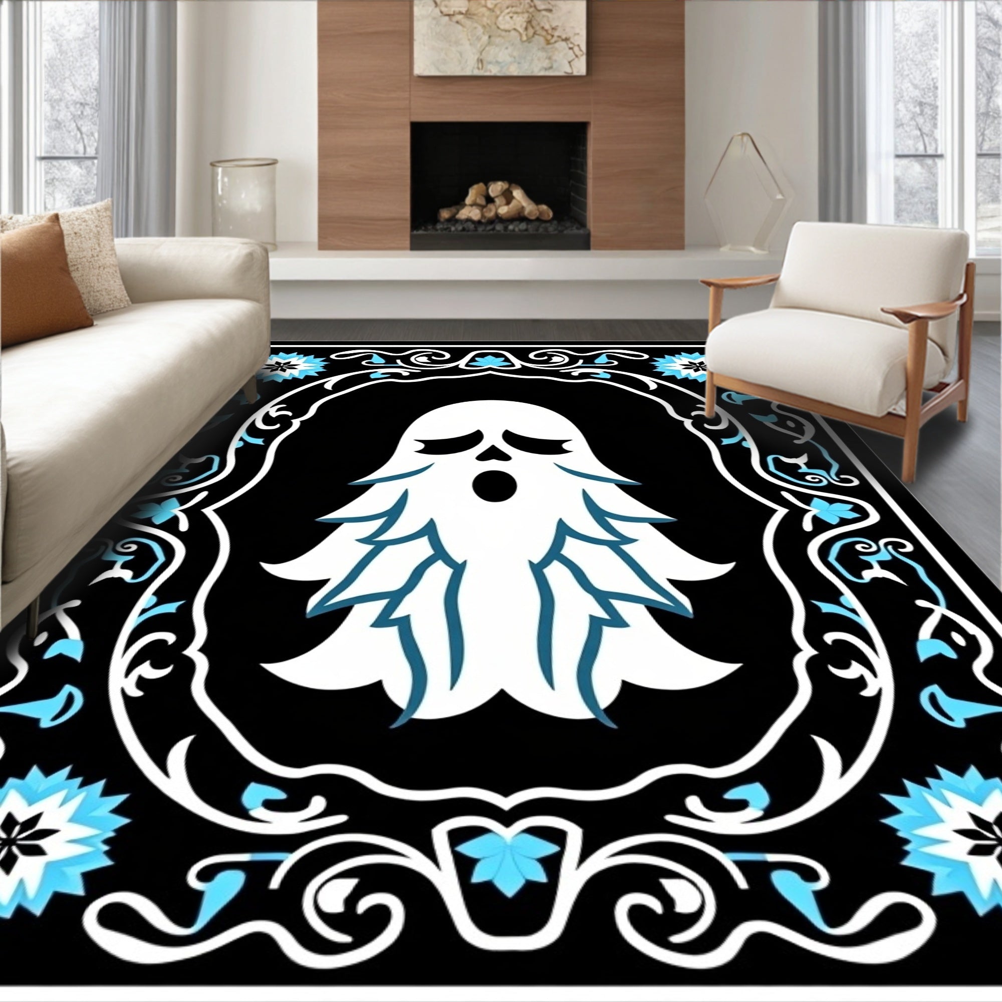 Whimsical Blue Ghost Floral Border Rug