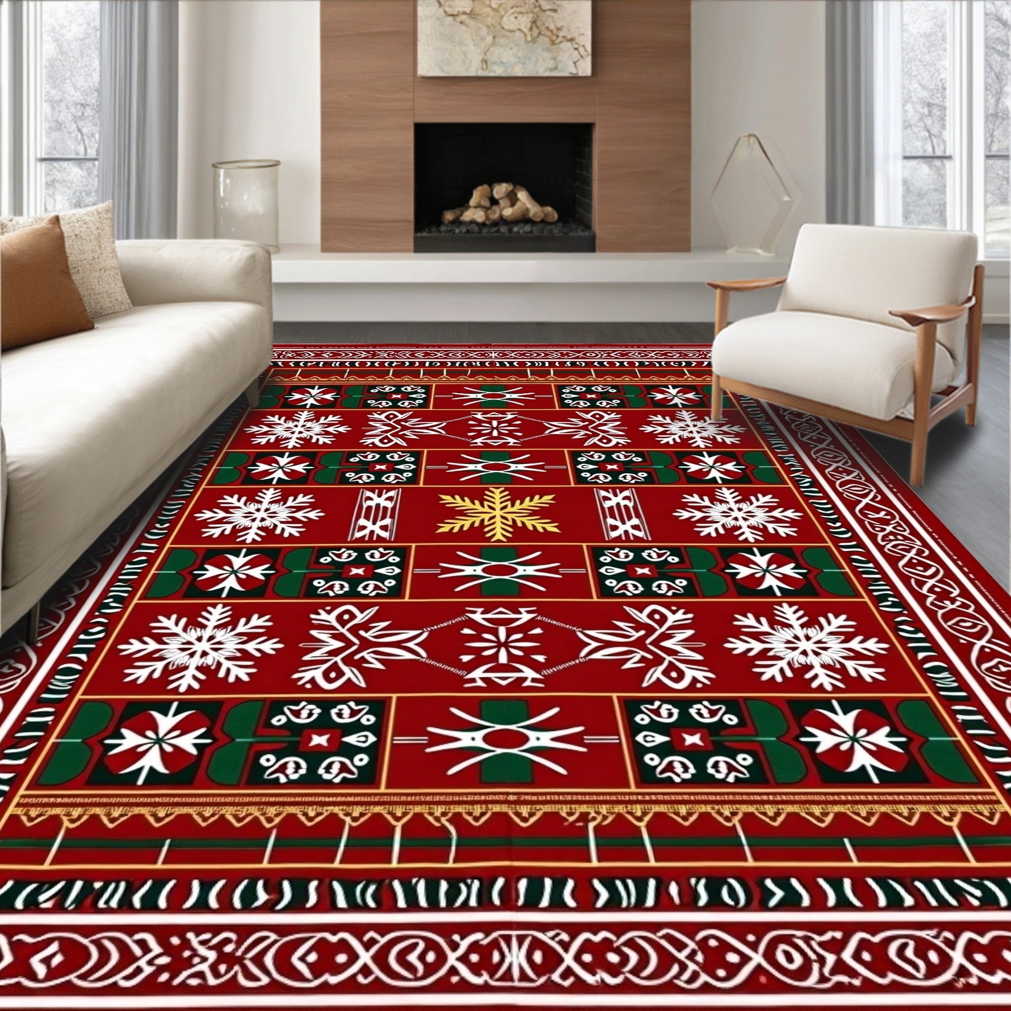 Crimson Red White Snowflake Medallion Rug