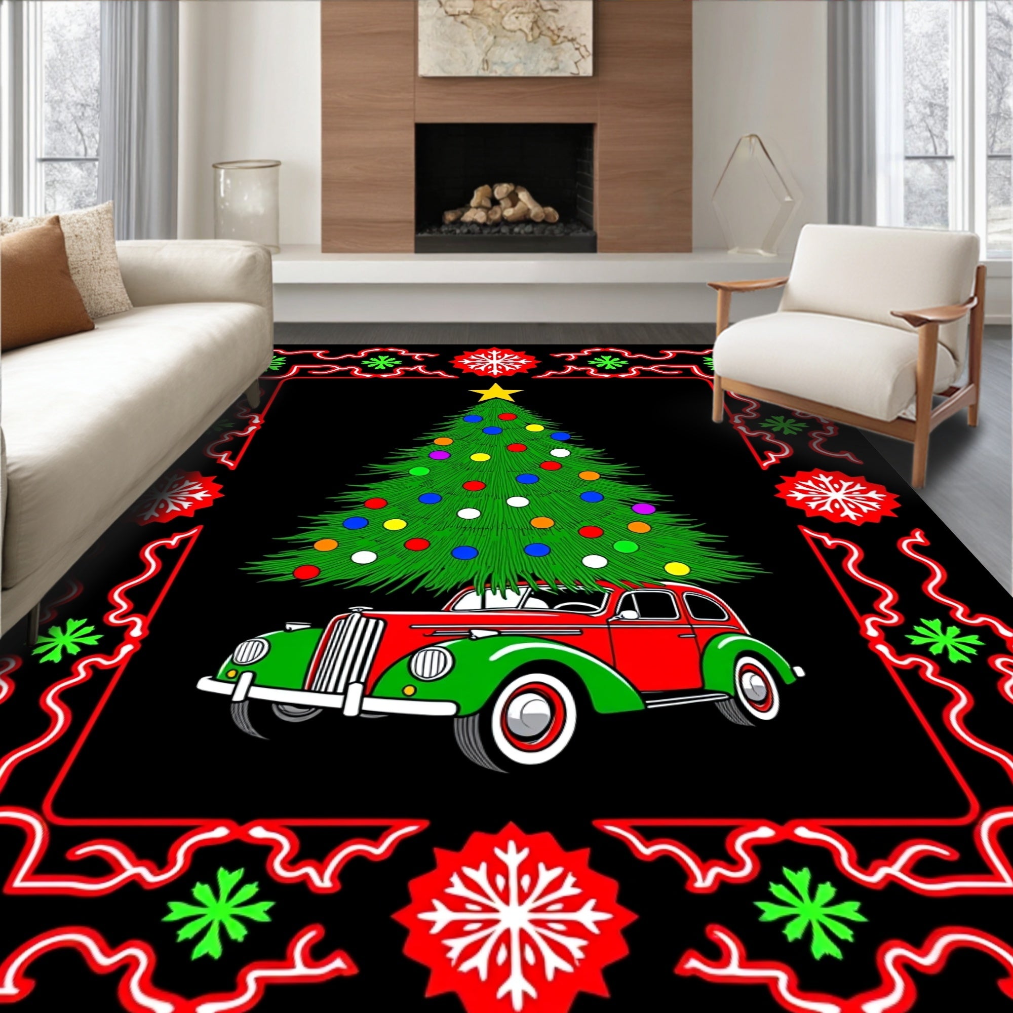 Vintage Christmas Tree Car Scene Rug
