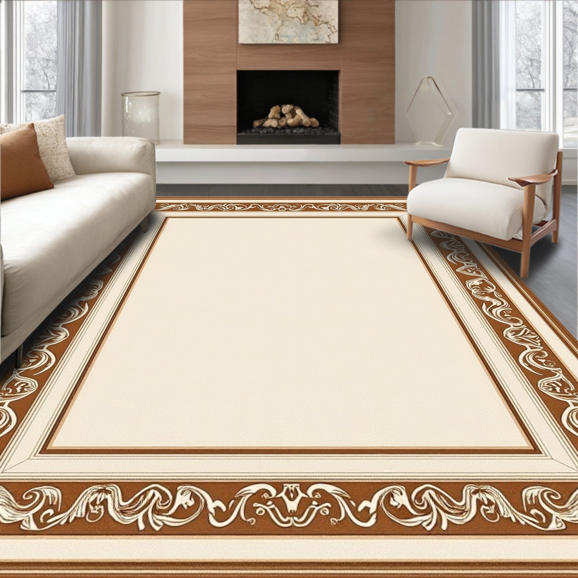 Cream and Brown Ornate Border Rug