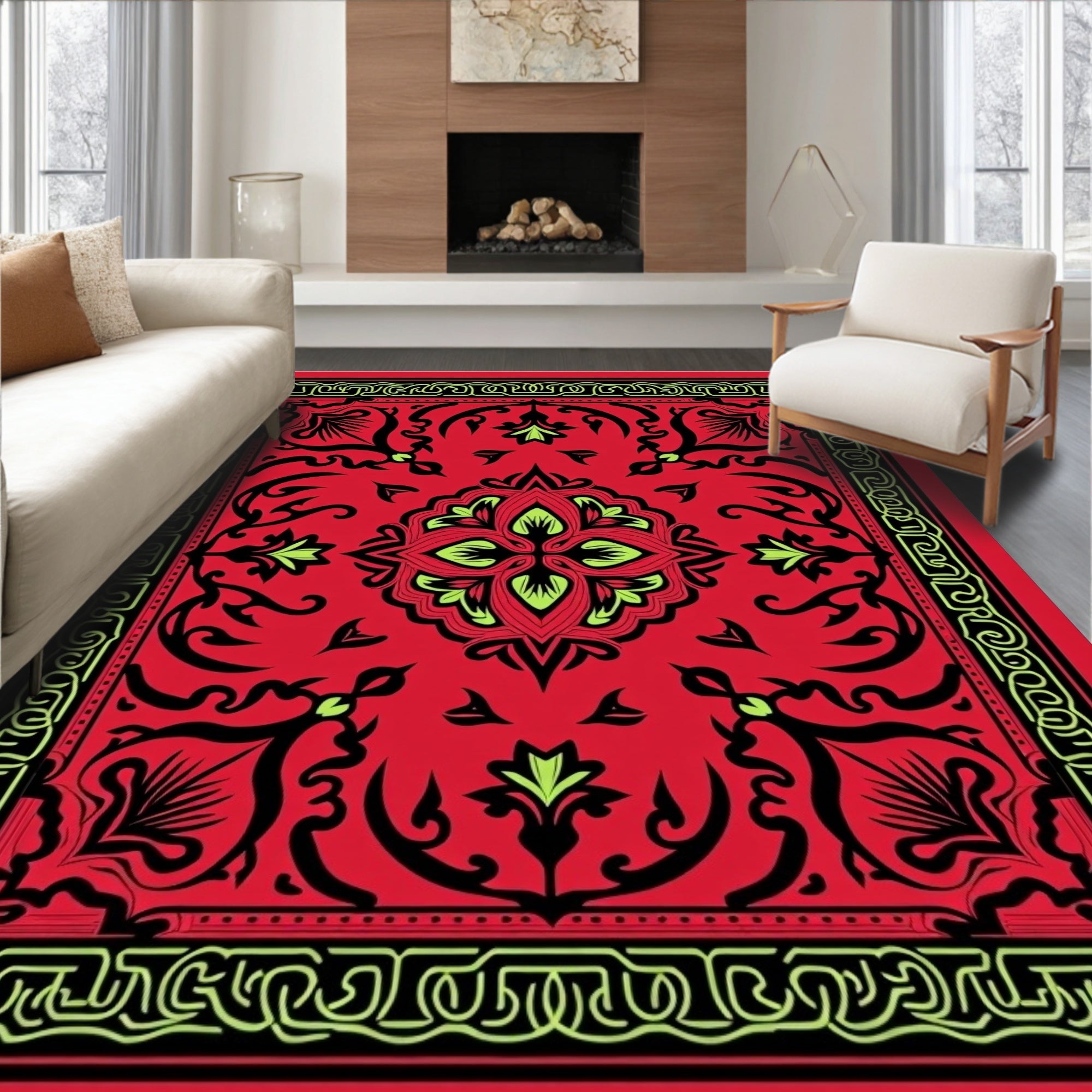 Vibrant Red Black Floral Medallion Rug