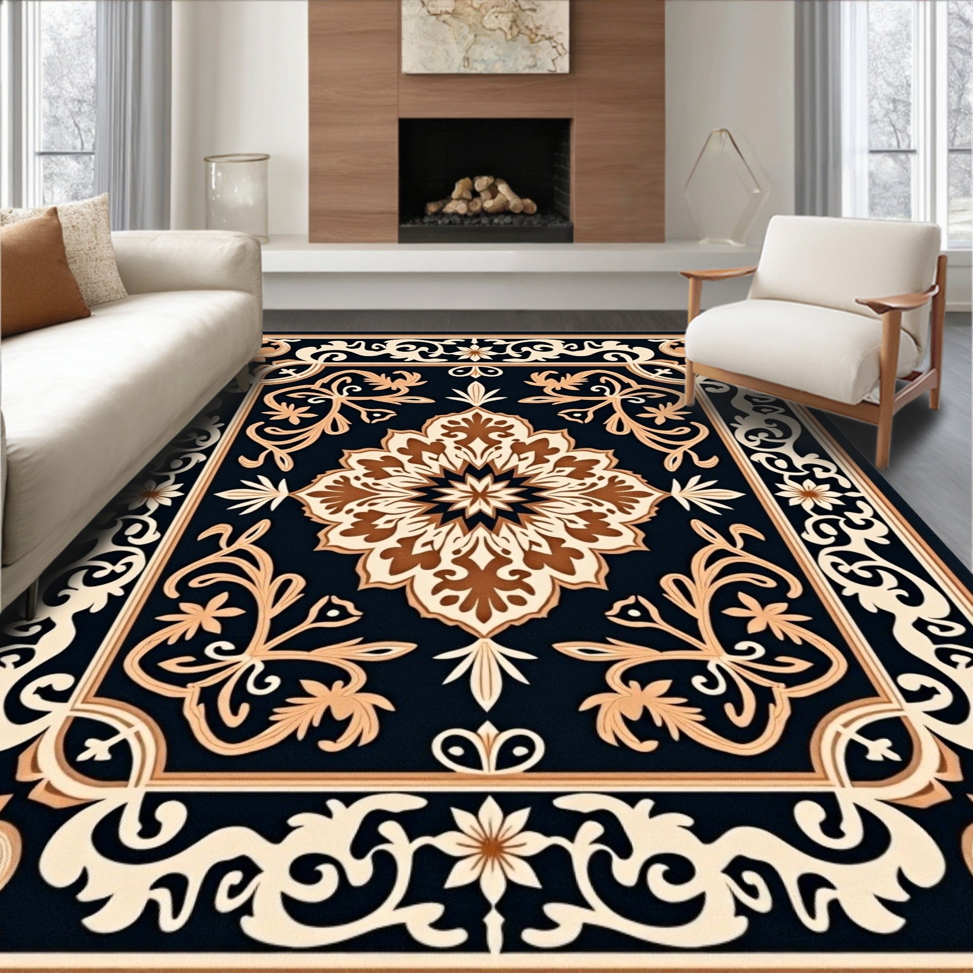 Ornate Navy Classic Floral Medallion Rug