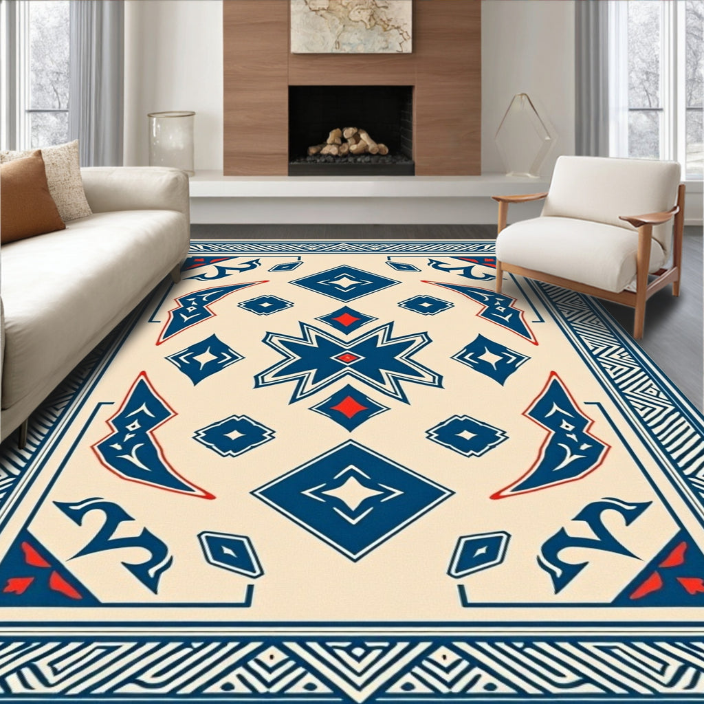 Cream Blue Starburst Diamond Border Rug