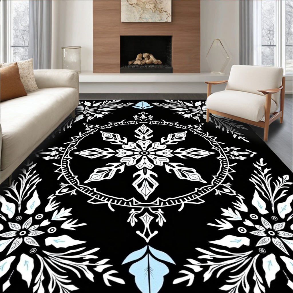 Black White Ice Floral Arrangement Rug