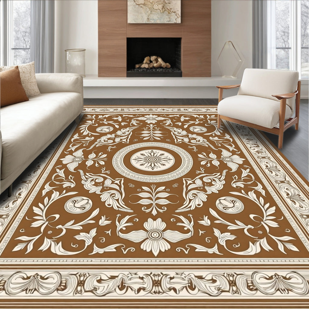 Ornate Brown Floral Medallion Rug