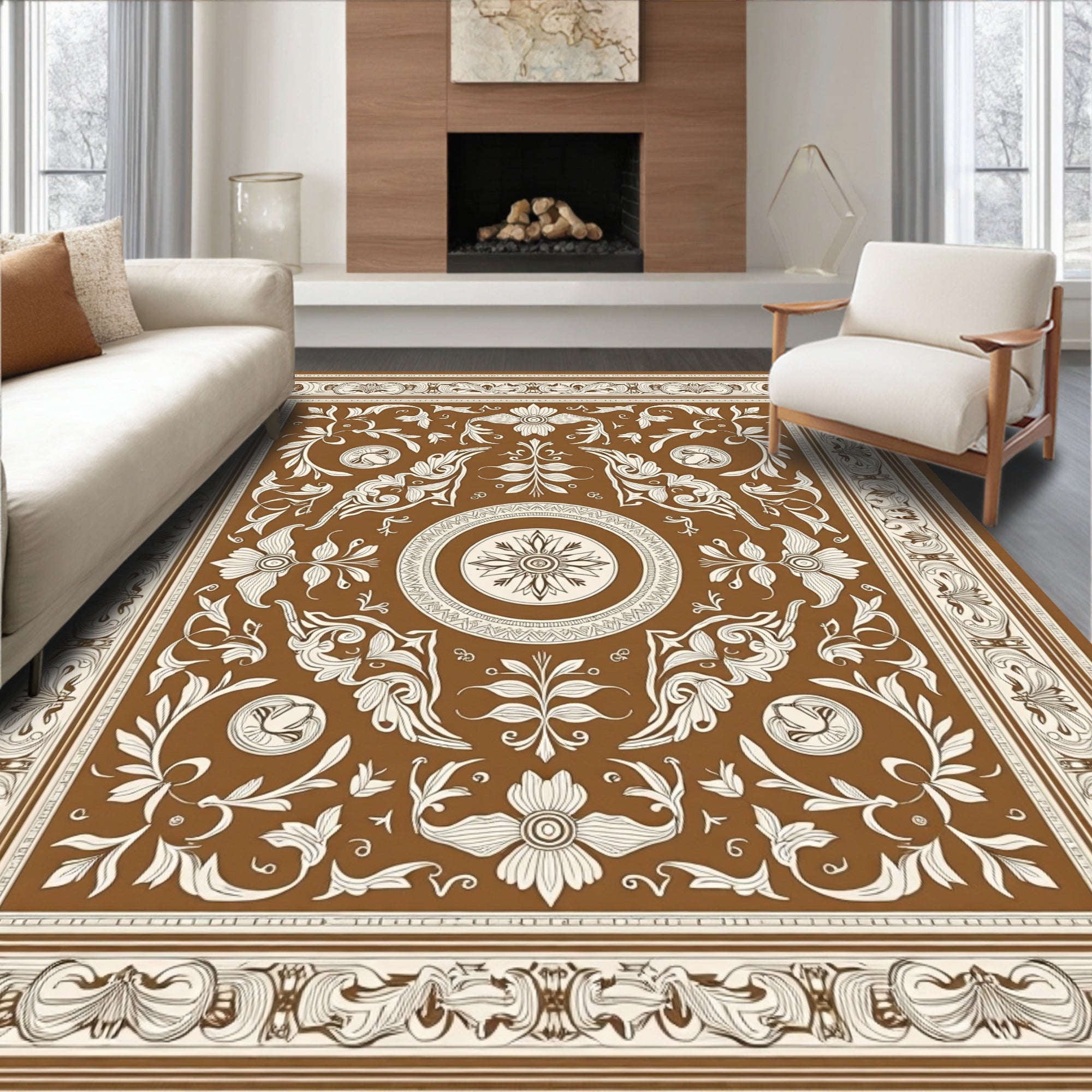 Ornate Brown Floral Medallion Rug
