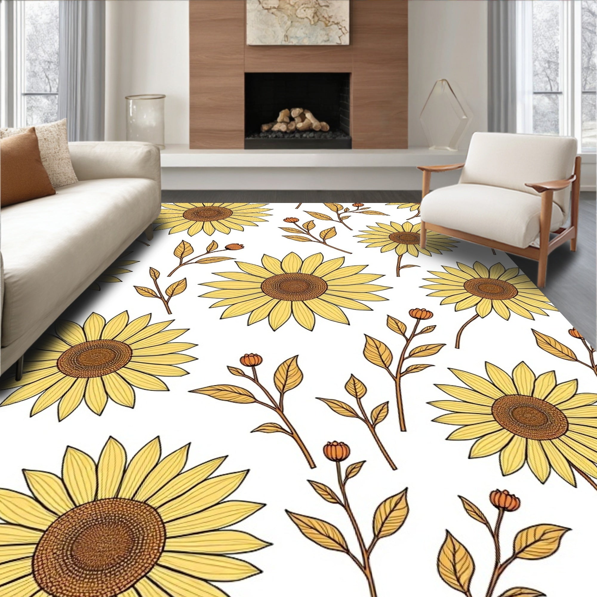 Golden Yellow Sunflowers and Leaves Rug