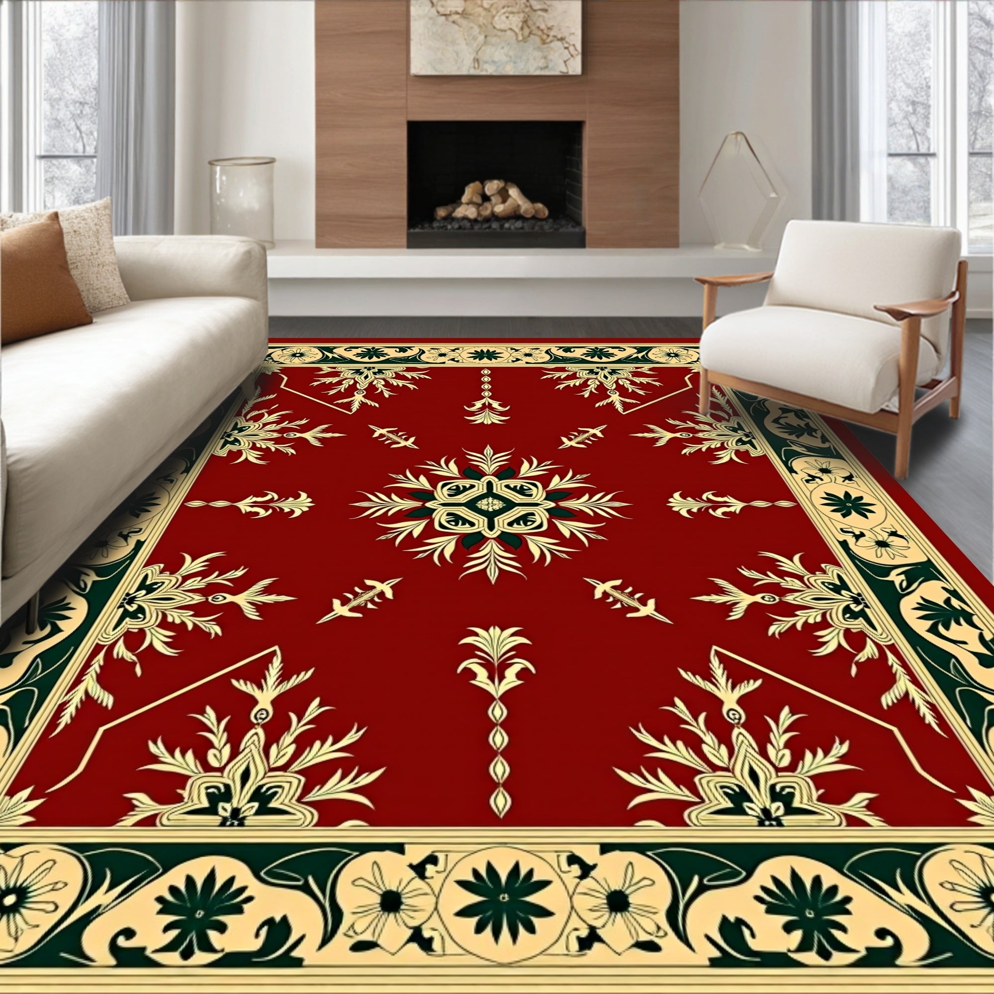 Rich Crimson Floral Border Medallion Rug