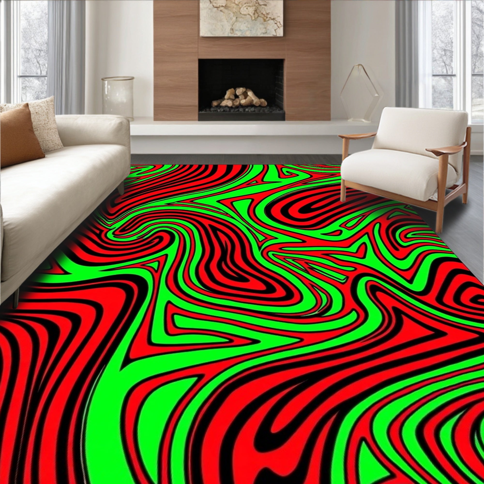 Vibrant Red Green Swirl Lines Rug