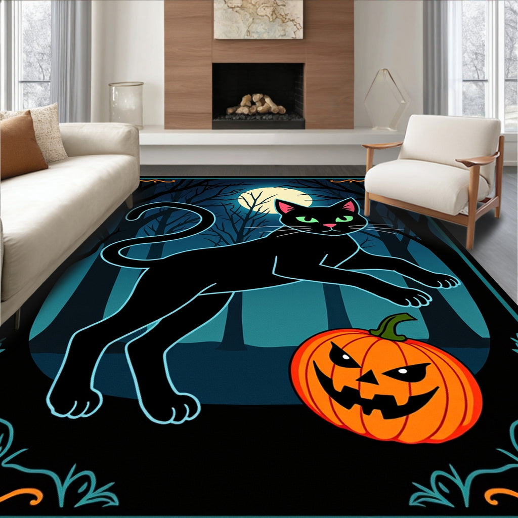 Spooky Black Cat Pumpkin Moonlit Forest Rug