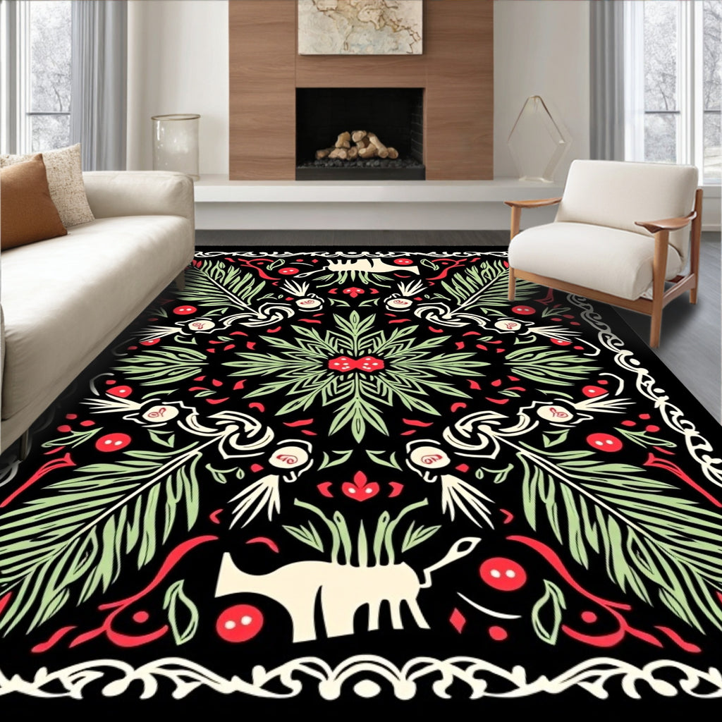 Black Red Green Botanical Animals Medallion Rug