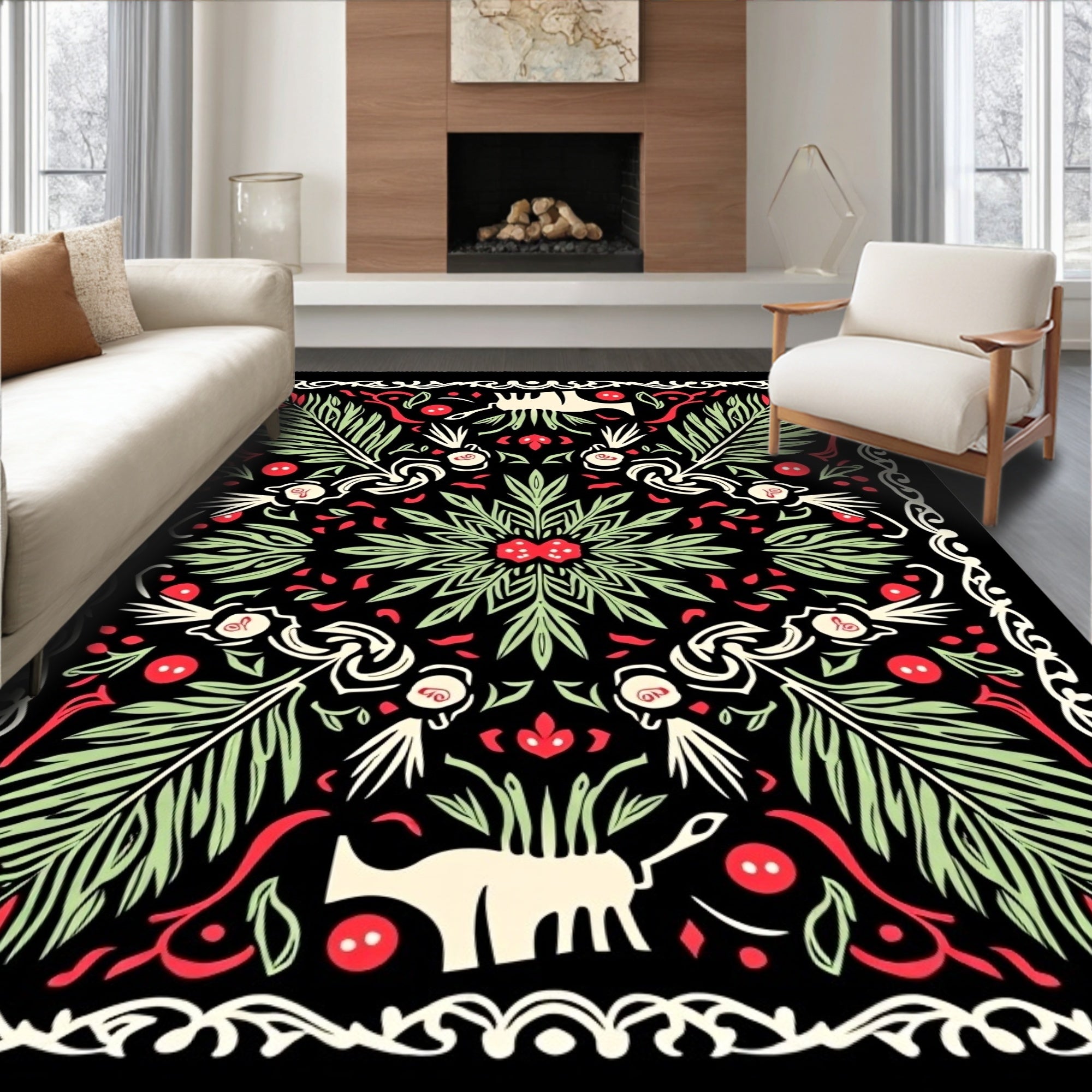 Black Red Green Botanical Animals Medallion Rug