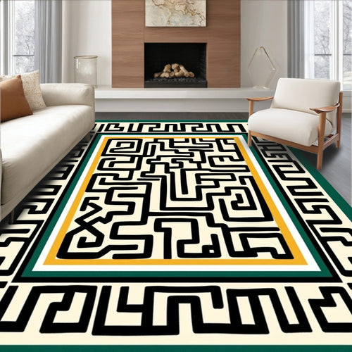Black Geometric Maze Cream Border Rug