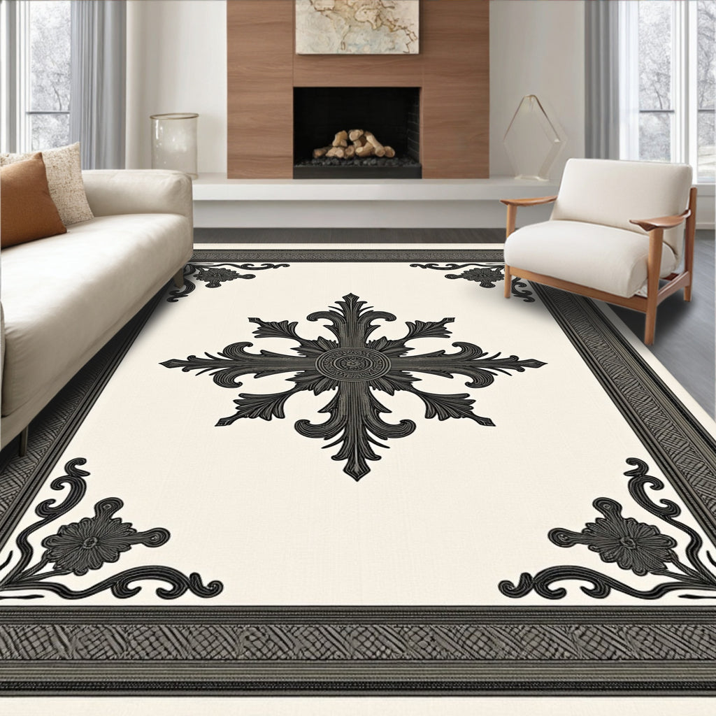 Ornate Black Cream Scroll Medallion Rug