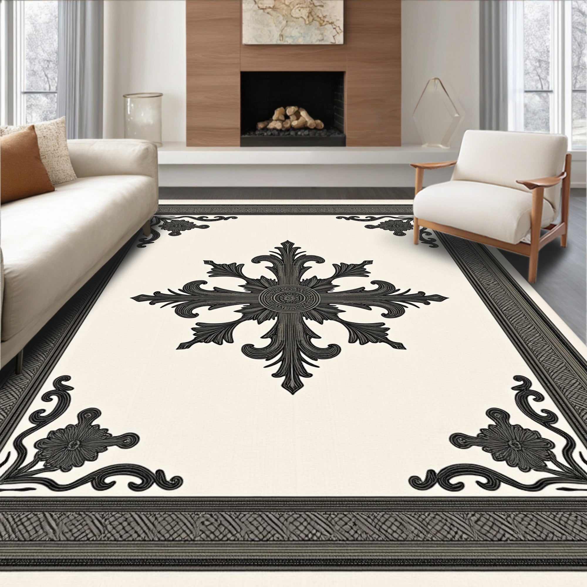 Ornate Black Cream Scroll Medallion Rug