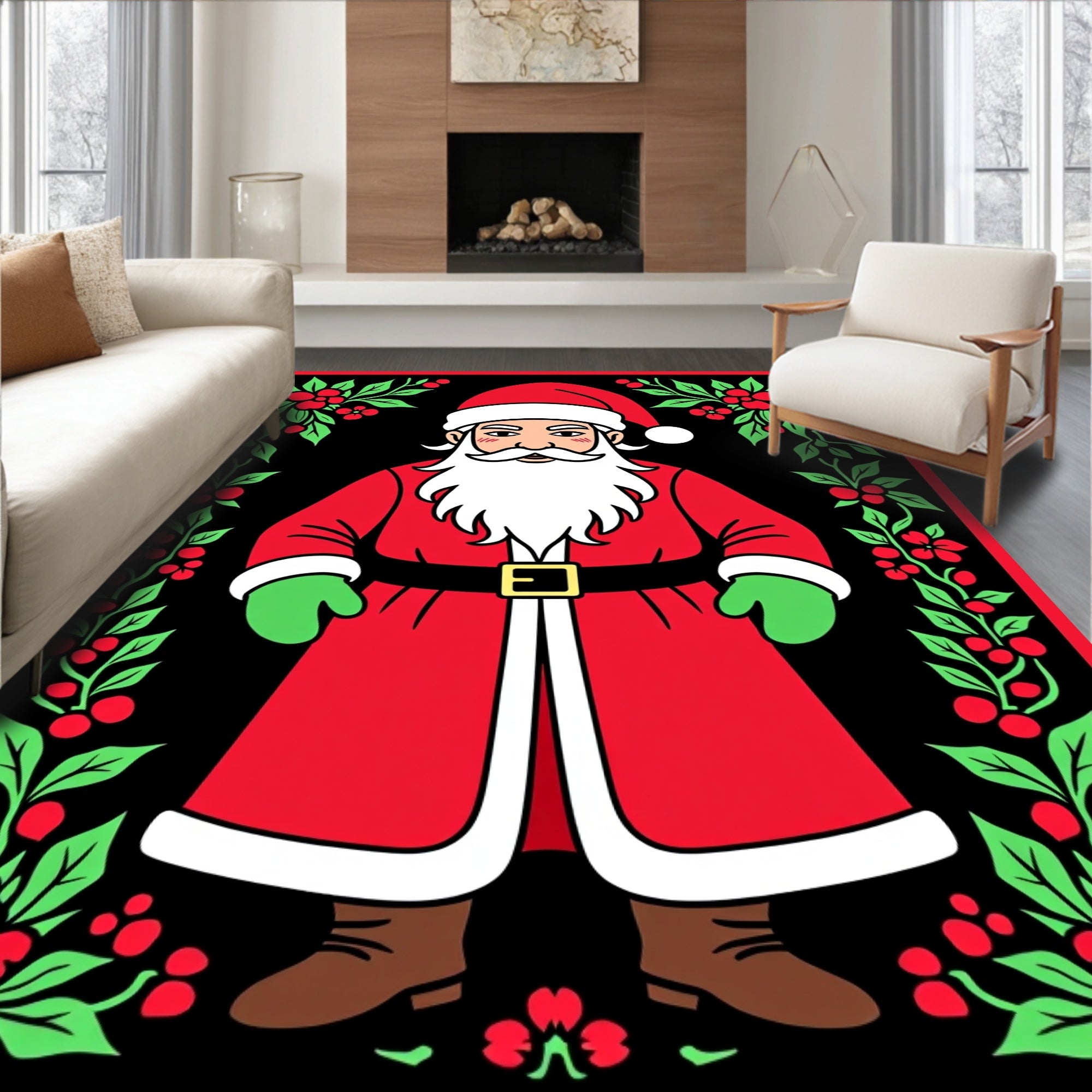Festive Santa Christmas Holly Border Rug