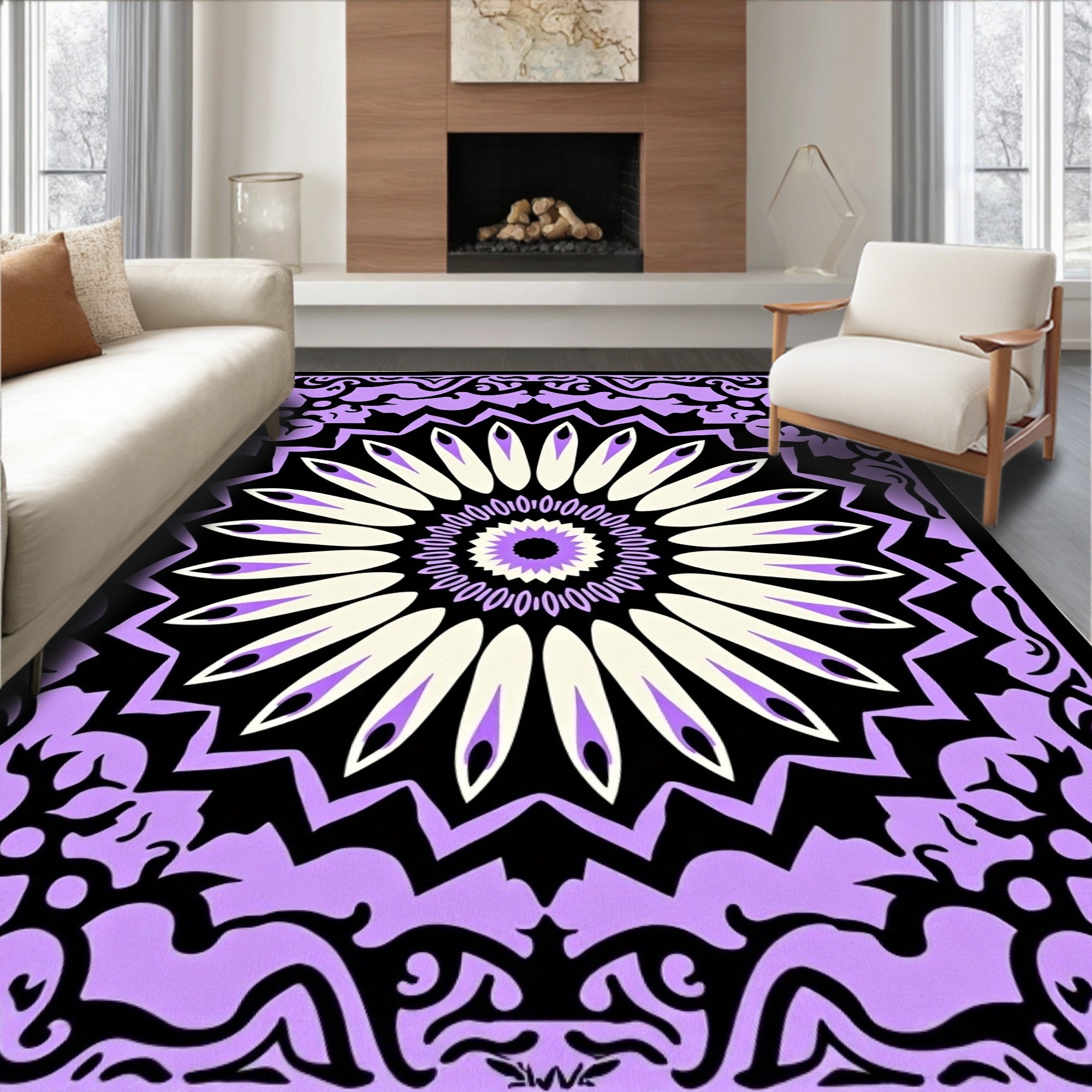 Lilac Cream Black Floral Medallion Rug