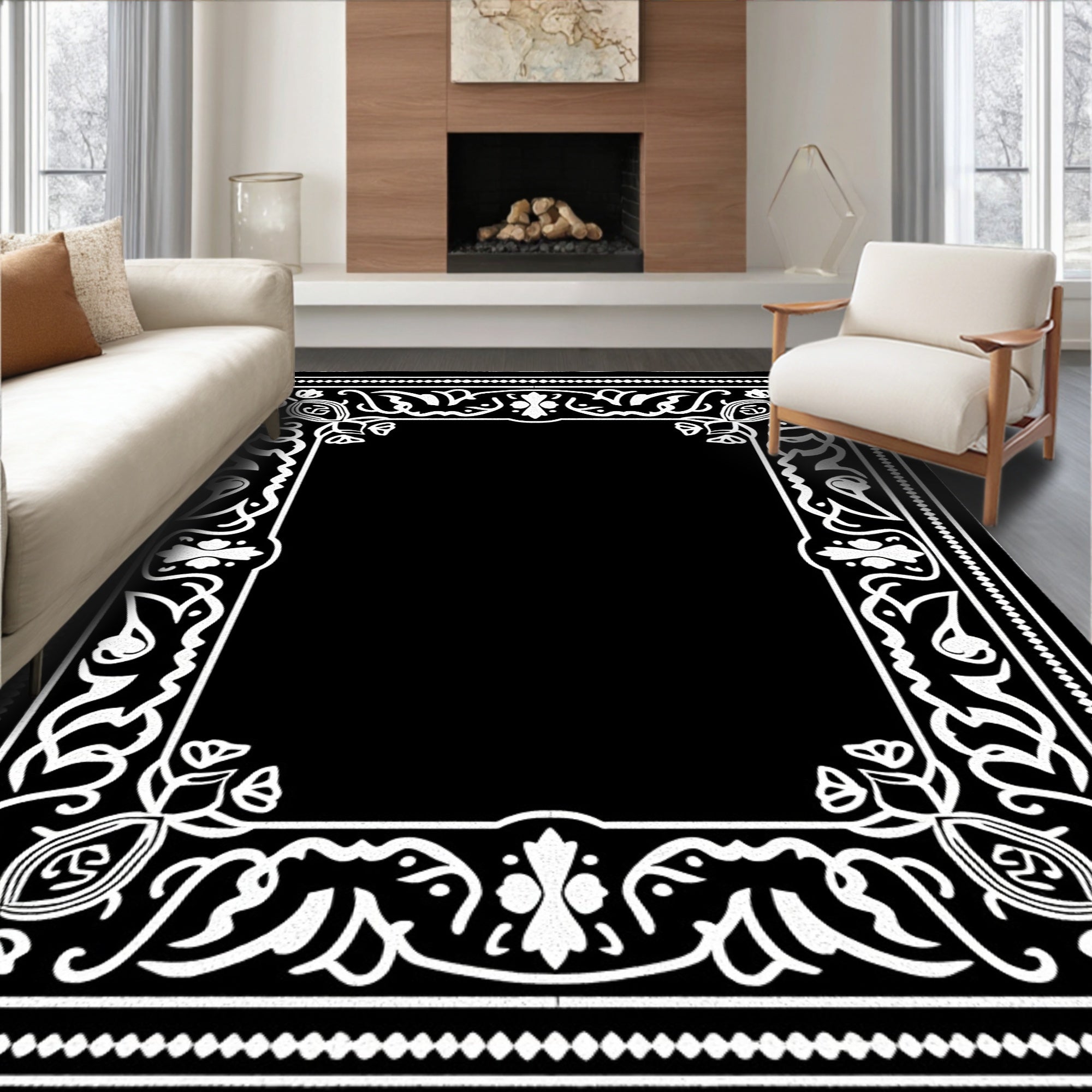 Black White Ornate Floral Border Rug