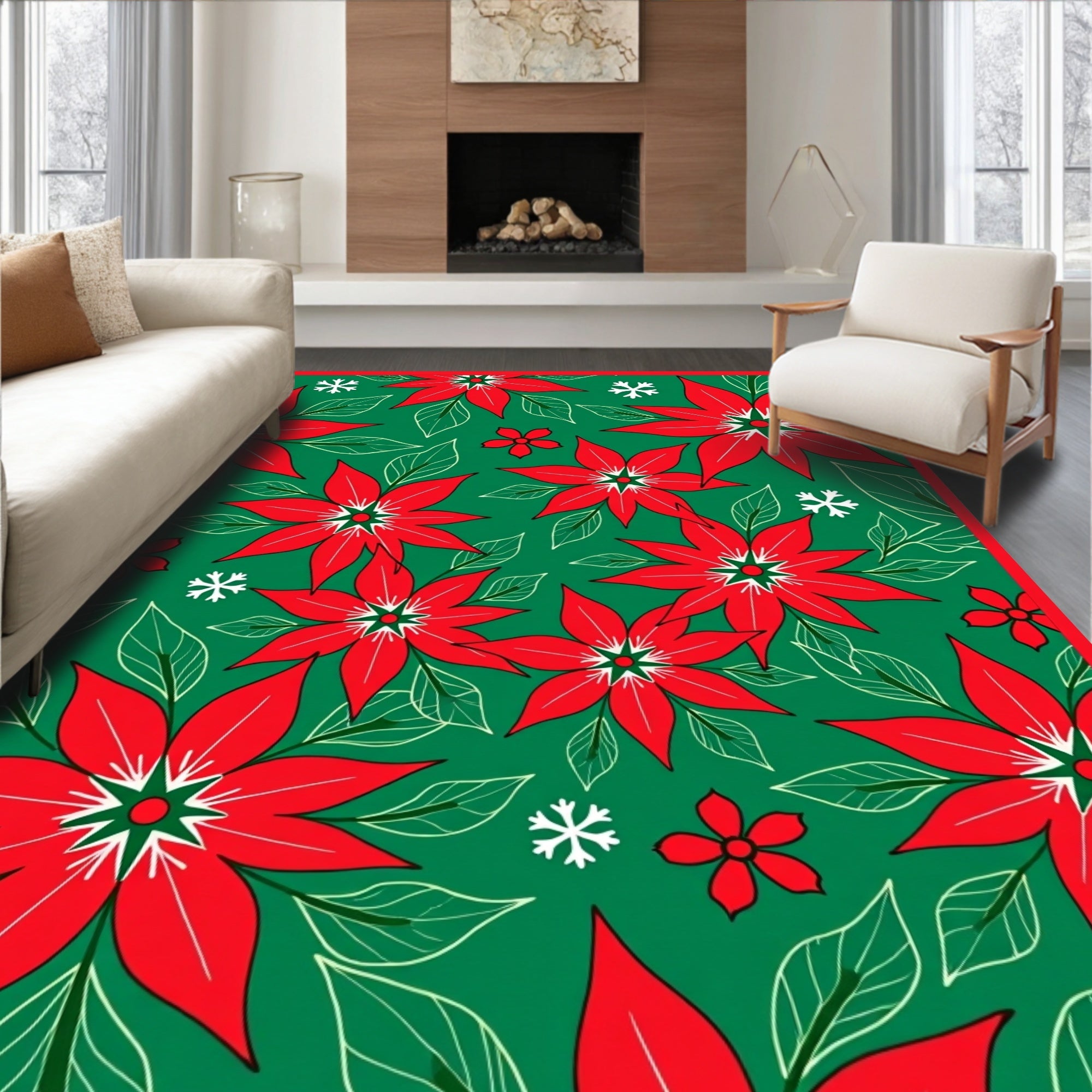 Crimson Poinsettia Snowflakes Emerald Rug