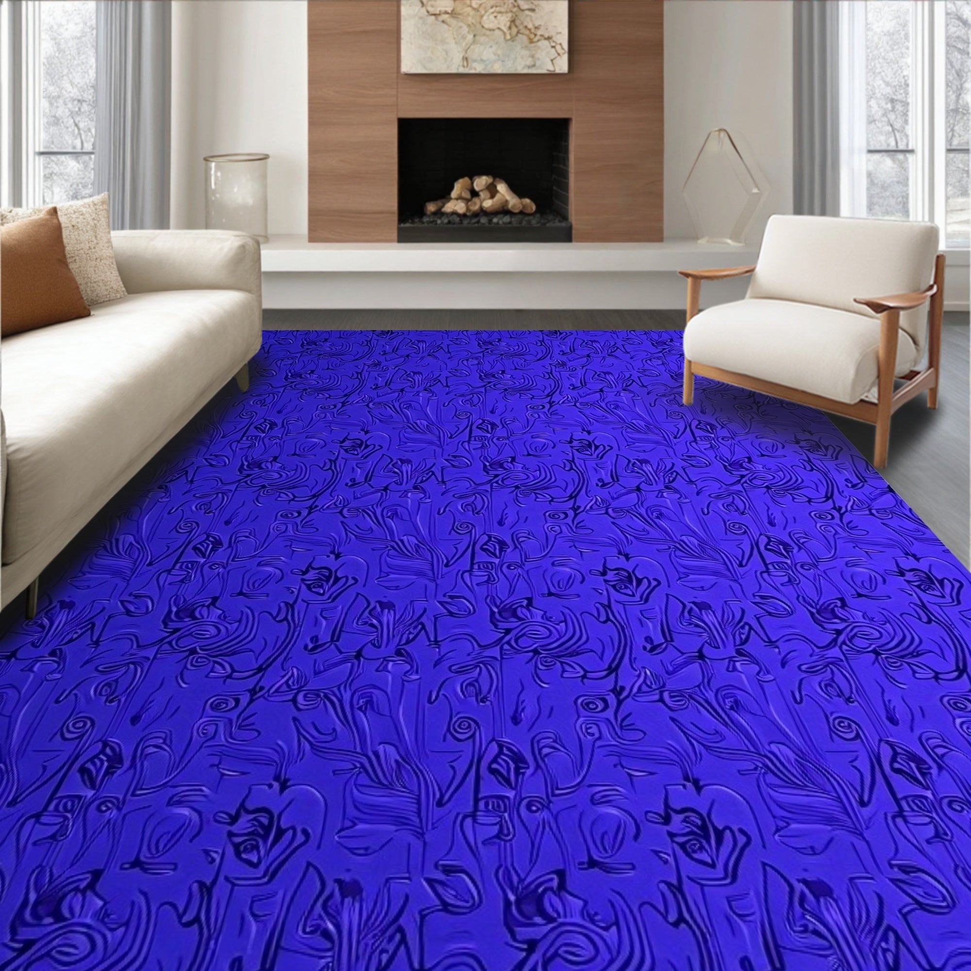 Royal Blue Abstract Floral Swirl Rug