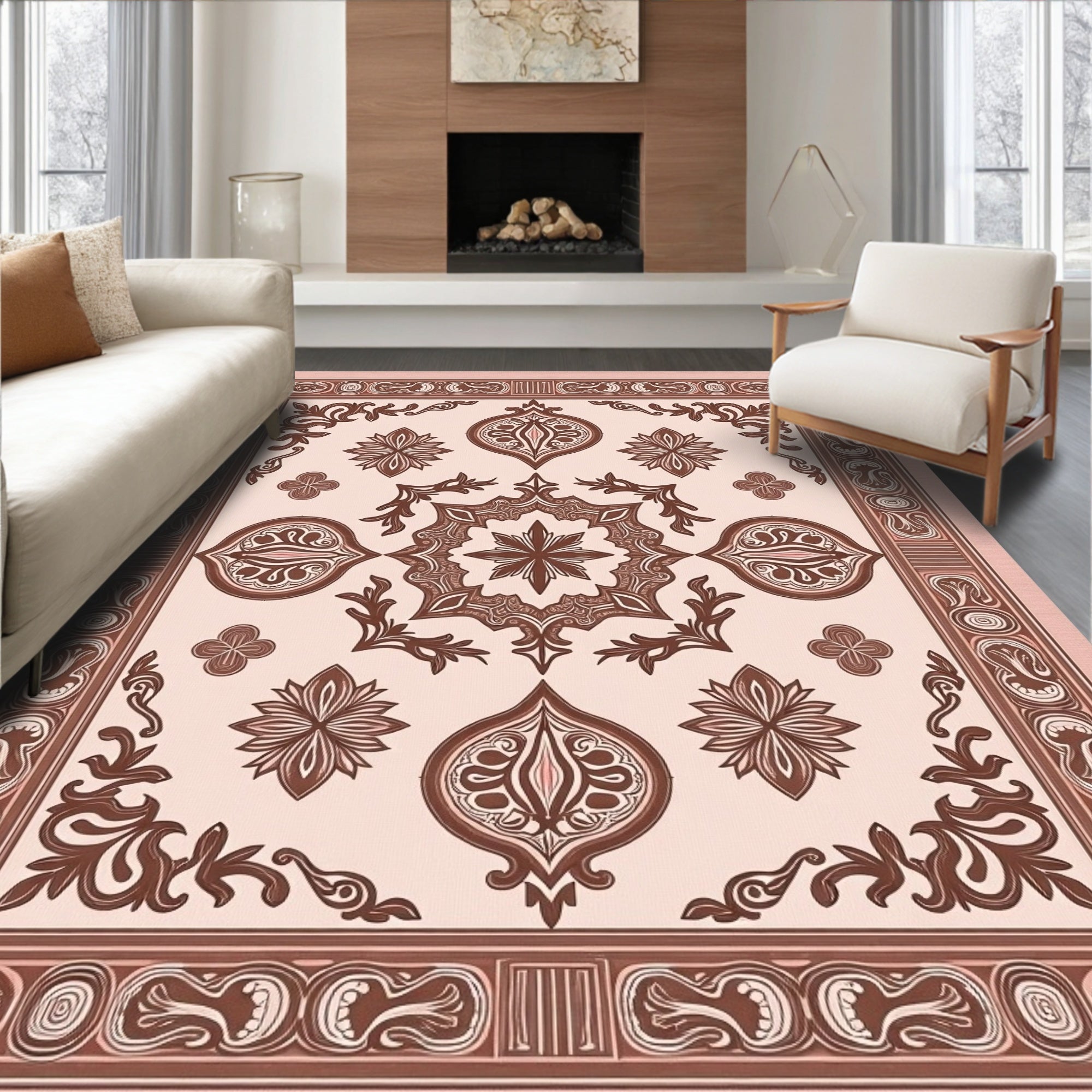 Terracotta Brown Vintage Medallion Border Rug