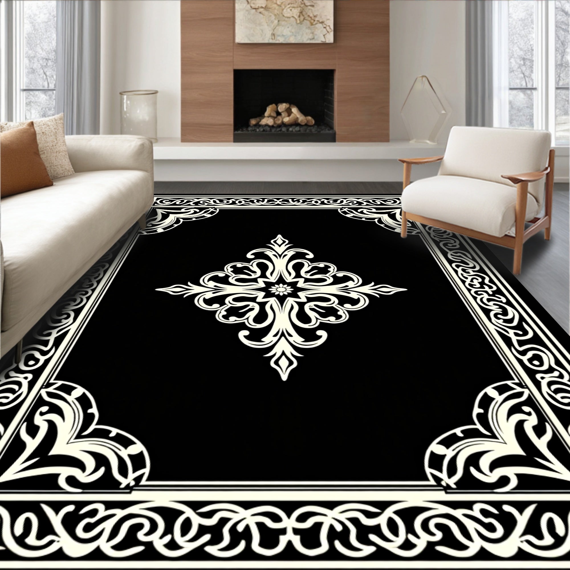 Intricate Cream Scroll Formal Centerpiece Rug