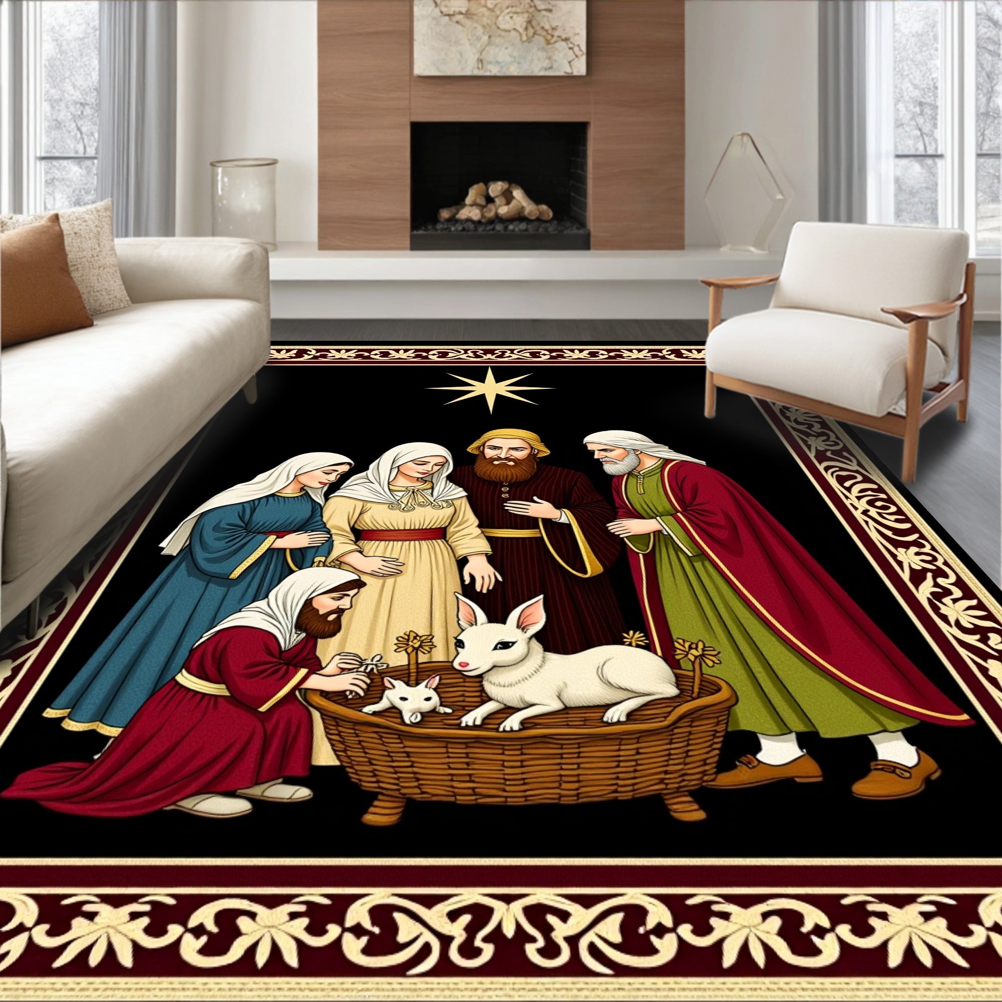 Crimson Nativity Star With Rabbits Rug