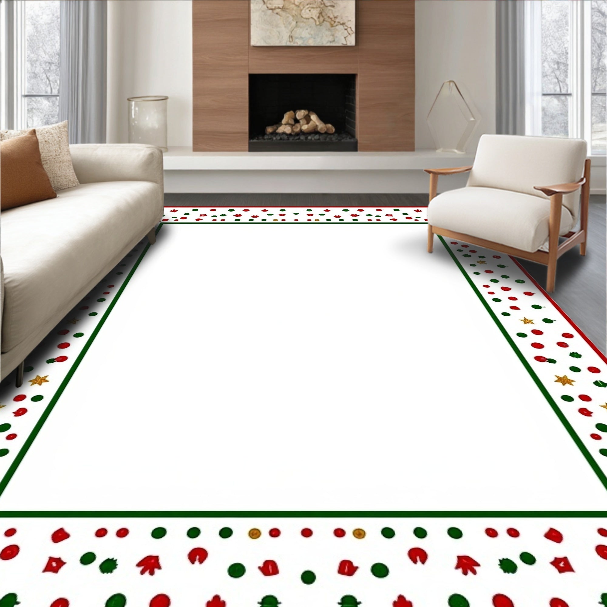 Festive Red Green Gold Star Border Rug