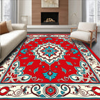 Red Teal Medallion Floral Border Rug