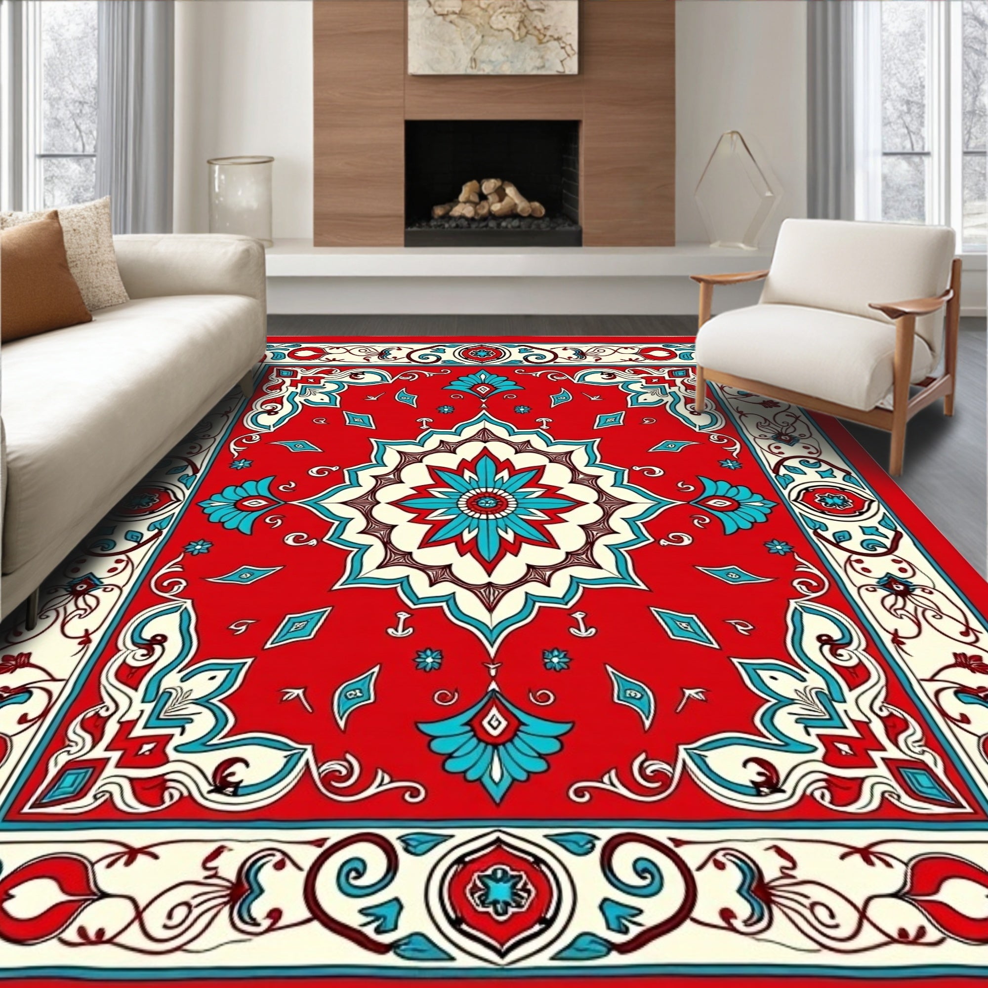 Red Teal Medallion Floral Border Rug