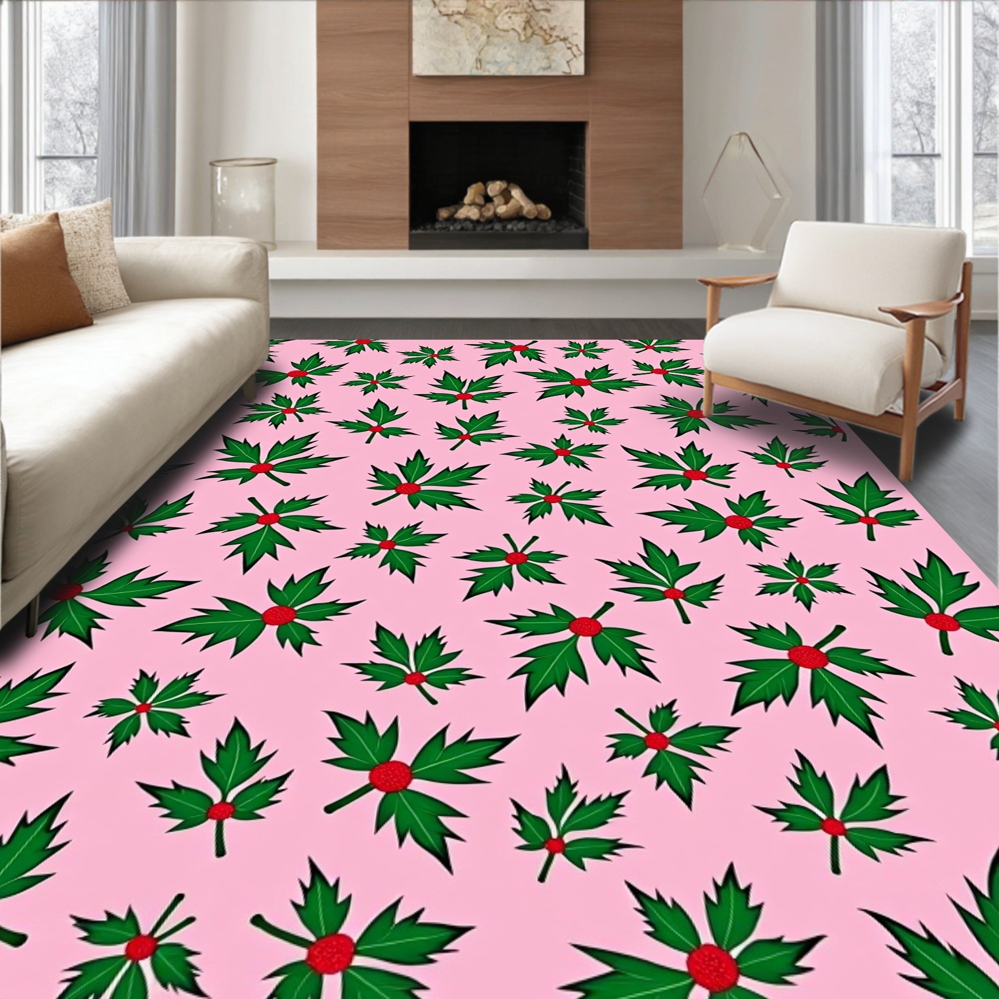 Festive Green Holly Berry Blossom Rug